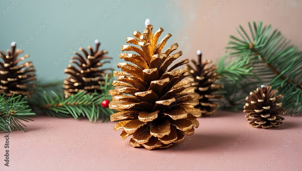 Poster golden-painted pine cone prominently displayed in the center with green conifer branches and smaller