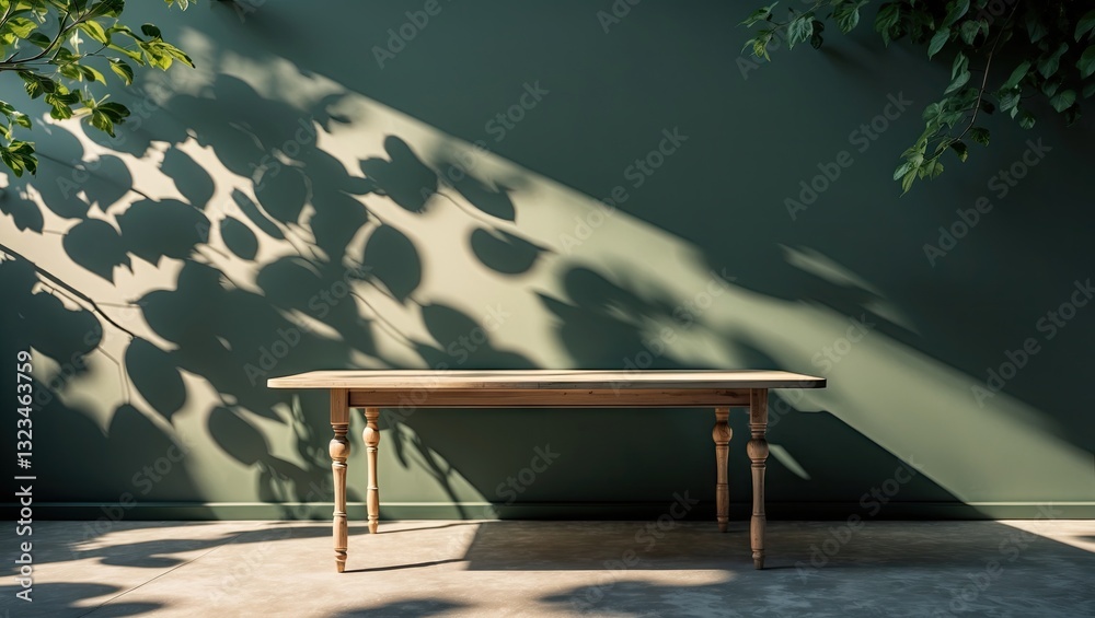 Poster minimalist wooden table positioned center stage against a muted green wall, featuring dramatic shado