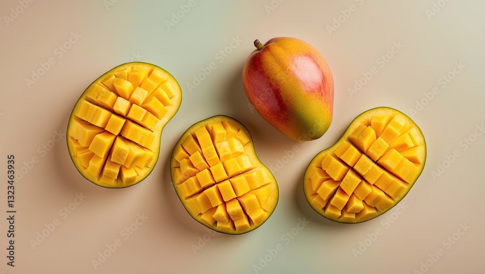 Poster Fresh mango displayed on a pastel background with three sliced mango halves showcasing a vibrant yellow color and texture arranged neatly.