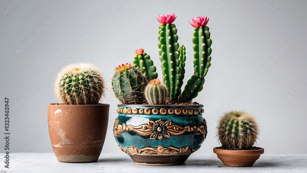 Poster vibrant decorative pots with assorted succulent cacti in green and earthy tones arranged on a light 