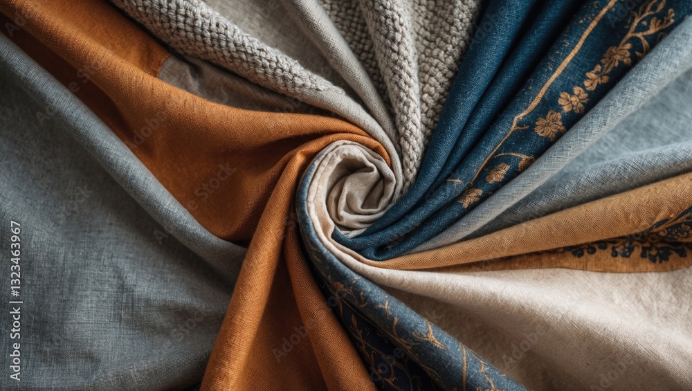 Poster swirling fabric texture in earthy tones of orange, blue, and beige with intricate patterns set again