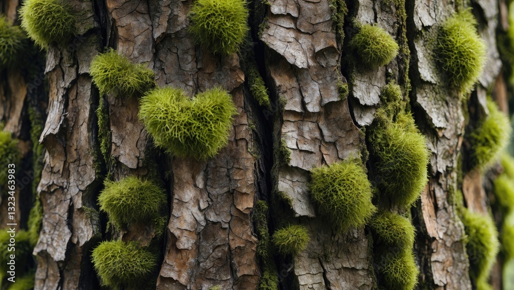 Poster close-up of textured tree bark covered in green moss with varying shades of brown and vibrant green 