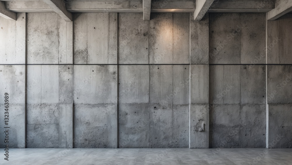 Poster concrete wall texture with gray tones featuring horizontal and vertical panels, illuminated by soft 