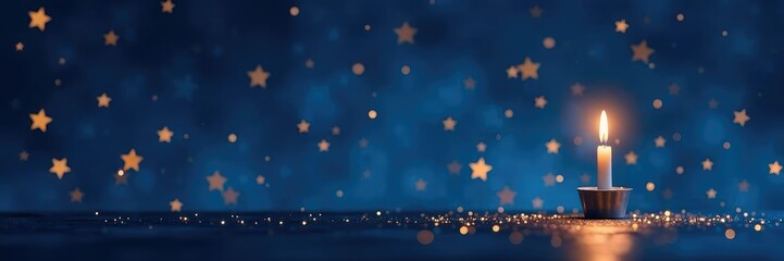 Golden stars and twinkling lights against a dark blue background with a lone candle on the horizon, serene, hanukkah