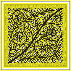 Black intricate hand drawn dot and line texture, fern patterns on a bright yellow background, featuring swirls and leaves, framed with a dotted border.