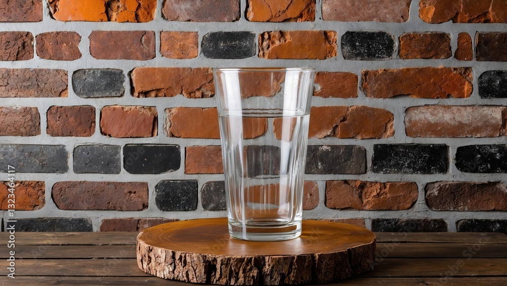 Leinwandbilder transparent glass on wooden slice in front of rustic red and black brick wall texture, creating a wa