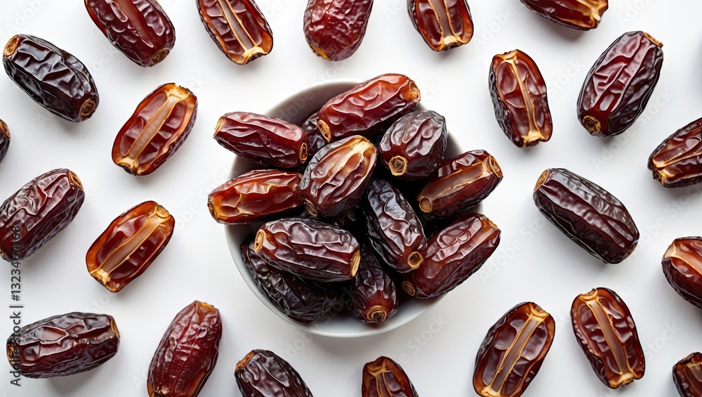 Aufkleber bowl of dried date fruits surrounded by scattered dates on a white background with ample copy space 
