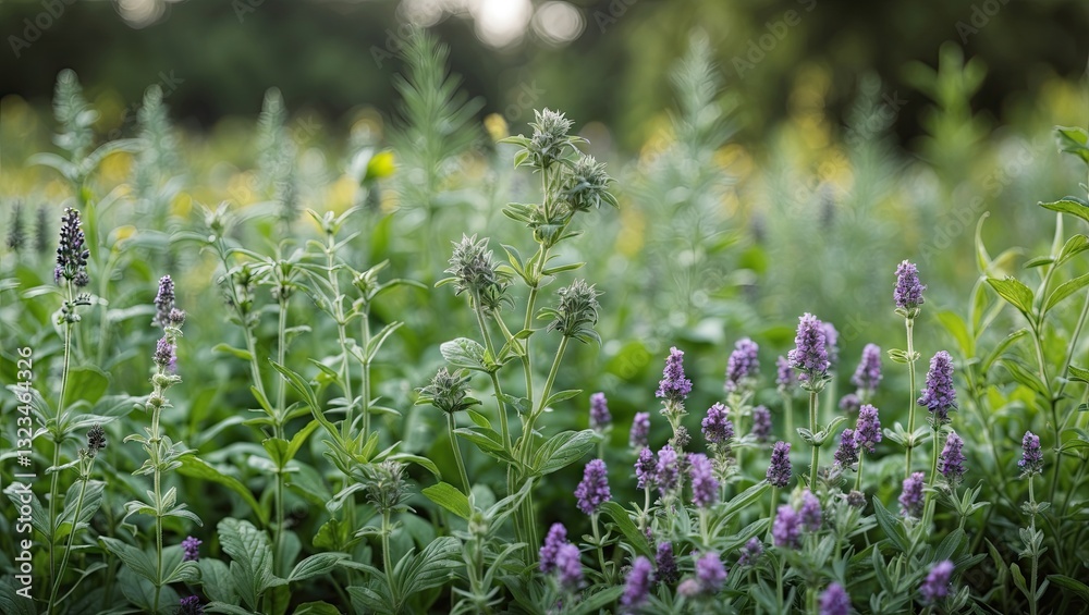 Aufkleber lush green field of healing herbs with purple flowers in soft focus foreground and background, ideal