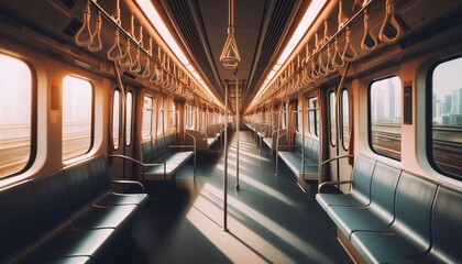 View of narrow aisle in train towards empty rows, Travel and Transport