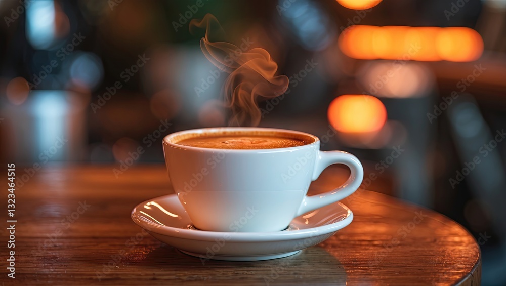 Poster espresso coffee in a white cup with steam on a wooden table illuminated by warm orange light creatin