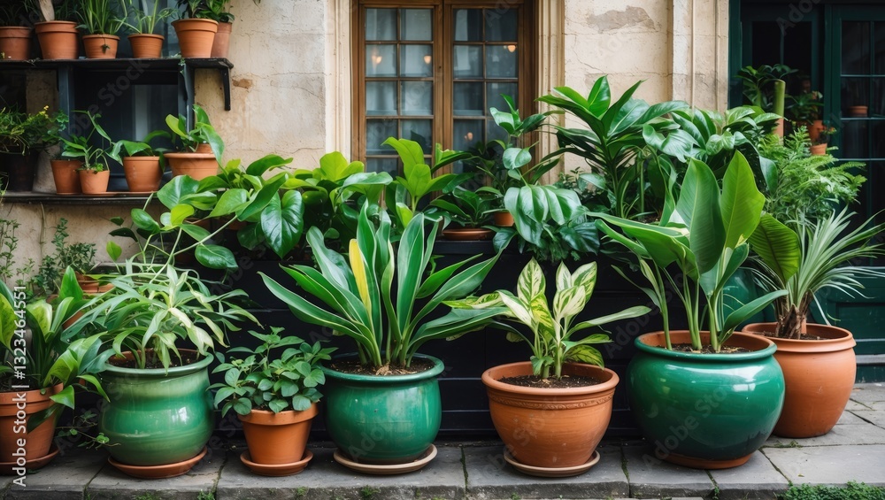 Poster Lush green potted plants in varying terracotta and green pots arranged neatly along a stone path near a rustic window with wooden frames.