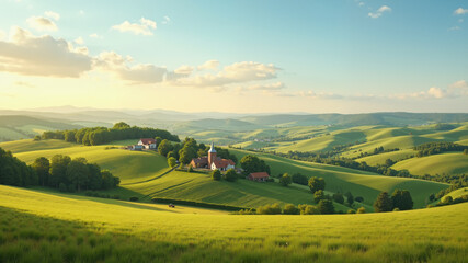 Obraz premium Picturesque rural landscape with rolling hills and farmhouses.