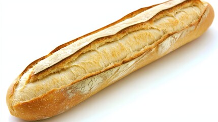Golden Brown Crusty Baguette Loaf Freshly Baked on White Background