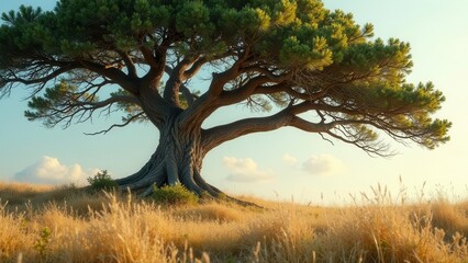 Fototapeta premium Ancient sprawling tree in a sun-drenched meadow, its gnarled roots embracing the golden grass