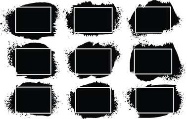 Grunge backgrounds set. Brush black paint ink stroke over square frame. Vector illustration