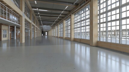 Spacious Modern Industrial Interior with Large Windows and Polished Concrete Floor