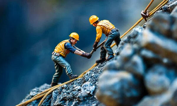 Two miniature construction workers climbing a rocky terrain while assisting each other with ropes