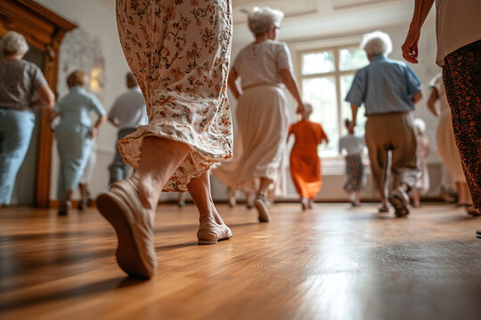 Dance school for seniors. Close-up of dancing legs of elderly people. Generated by artificial intelligence