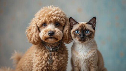 Adorable dog and cat posing together, showcasing friendship and companionship in a warm setting.