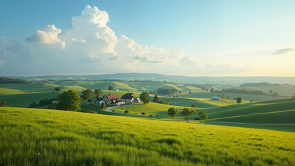 Obraz premium Picturesque rural landscape with rolling hills and farmhouses.