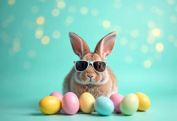 Fototapeta premium Colorful Easter bunny with eggs and basket on grass