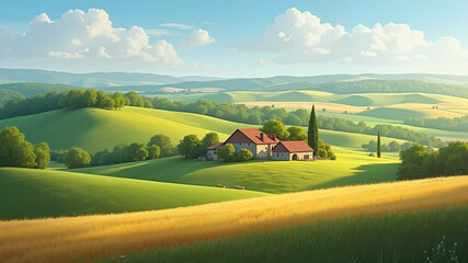 Fototapeta premium Picturesque rural landscape with rolling hills and farmhouses.