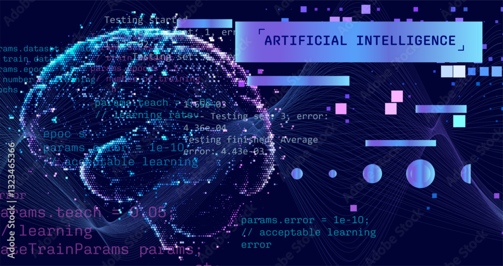 Fototapete Vector illustration of digital brain formed by particles and lines symbolizes artificial intelligence, accompanied by coding text and abstract data elements highlighting AI's computational nature.