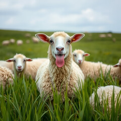 Obraz premium In a pasture replete with lush, verdant grass, a single sheep stands out from its woolly kin by audaciously sticking out its tongue, imbuing the frame with whimsicality.