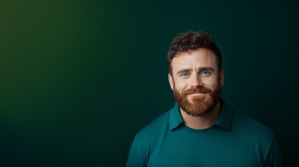 Fototapeta premium Portrait of Happy Young Adult Man with Blue Eyes and Beard. Smiling on Green Nature Background. 