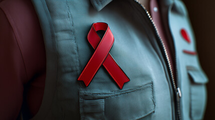 Red ribbon pin on shirt. World Blood Donor Day support, Hemophilia day concept with copy space