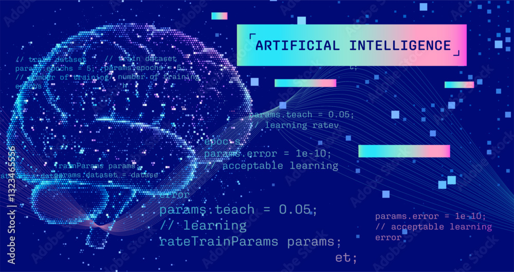 Aufkleber Vector illustration of digital brain formed by particles and lines symbolizes artificial intelligence, accompanied by coding text and abstract data elements highlighting AI's computational nature.