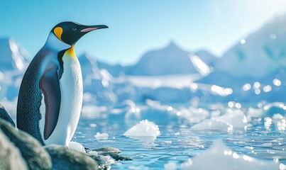 Fototapeta premium Emperor penguin close-up, icy background in Antarctica