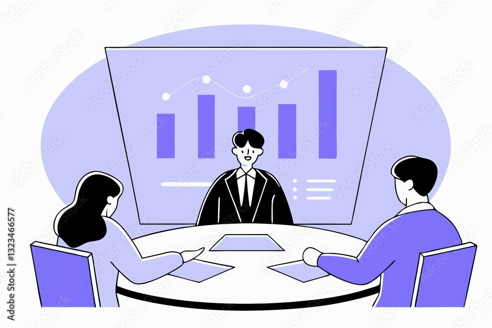 Poster a professional meeting scene with a presenter discussing data trends using graphs, while two audienc