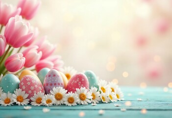 Obraz premium Easter Eggs and Tulips with Spring Flowers in Bloom
