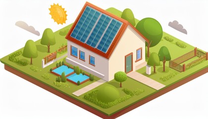 Naklejka premium Isometric ecosystem vector model of a smart energy house with solar panels