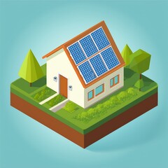 Isometric ecosystem vector model of a smart energy house with solar panels