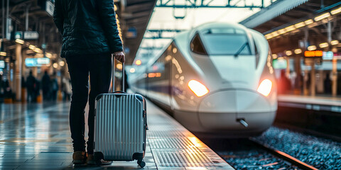 traveler with a suitcase waiting for high-speed train at modern railway station - travel, mobility and adventure concept