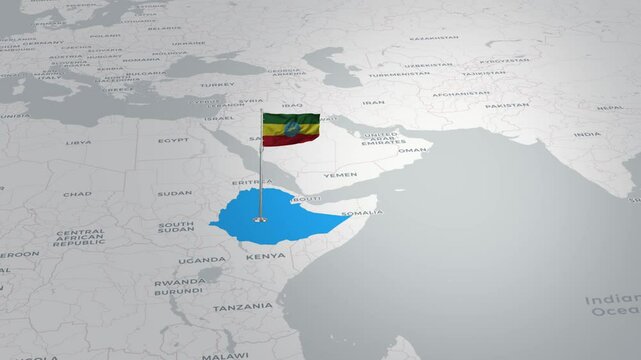 Ethiopia map animation. The Ethiopia flag flies majestically over a detailed map.