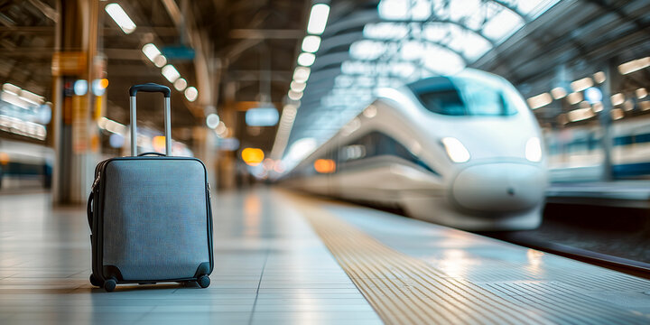 suitcase standing on a railway platform with a high-speed train arriving in background - travel, mobility and adventure concept