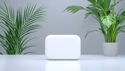 Blank product display with tropical plants