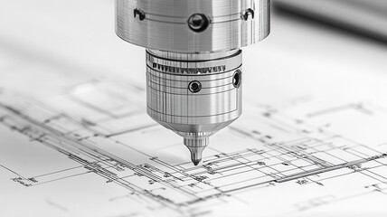 a mechanical blueprint, engineering method, technical drawing, monochrome, isolated on white background