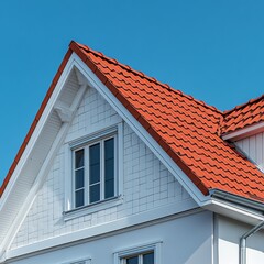 Fototapeta premium A close-up of a crisp white house with a vibrant orange tile roof and a bright blue sky in the background.