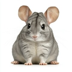 Obraz premium Close up of an adorable gray chinchilla against a white background. The chinchilla is sitting, facing the camera, showcasing its soft fur and large ears.