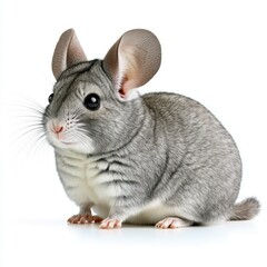 Adorable grey chinchilla sitting against a white background. Its large ears and dark eyes are prominent features. 