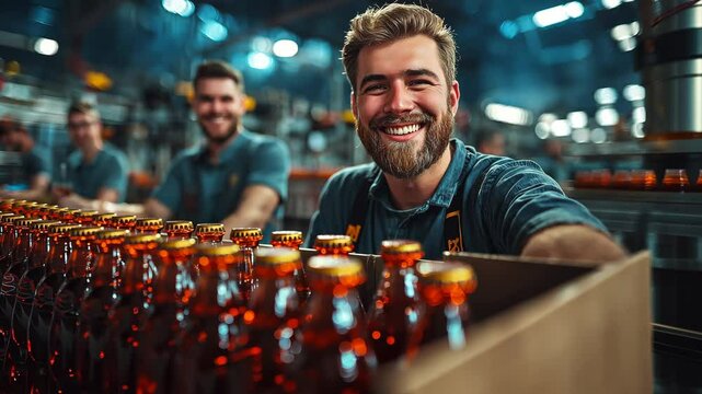 Man is smiling while standing in front of a box of bottles. The bottles are filled with soda and are arranged in rows. The man is happy and content with his work