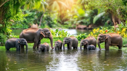 A herd of Asian elephants, including adults and calves, cools off in a lush green tropical river. Warm sunlight filters through the trees. 