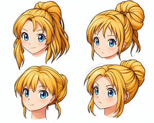Anime girl hairstyles, various buns and ponytail