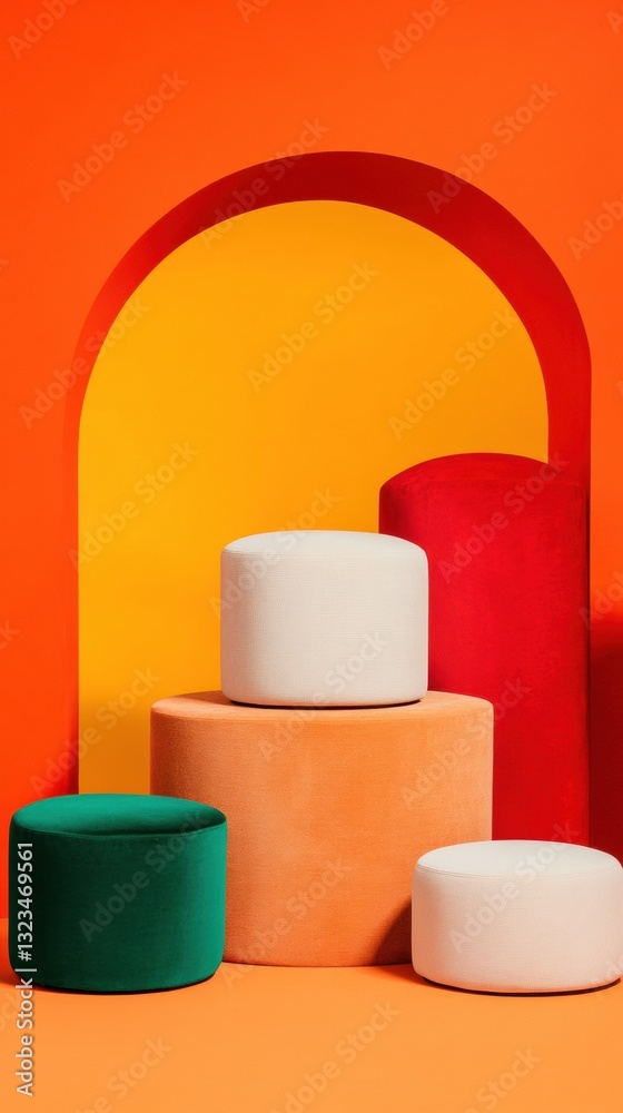 Poster modular color block furniture innovative cylindrical ottomans reimagining minimalist interior design
