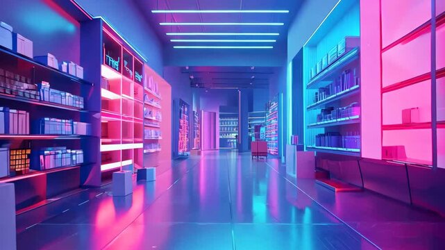 A modern, futuristic store with vibrant neon lighting, showcasing shelves stocked with products under bright pink and blue hues, creating a sleek, dynamic atmosphere.