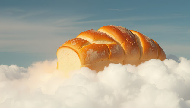 Giant, fluffy loaf of bread resting on a cloud, emitting a soft glow as if freshly baked by the sun itself 2